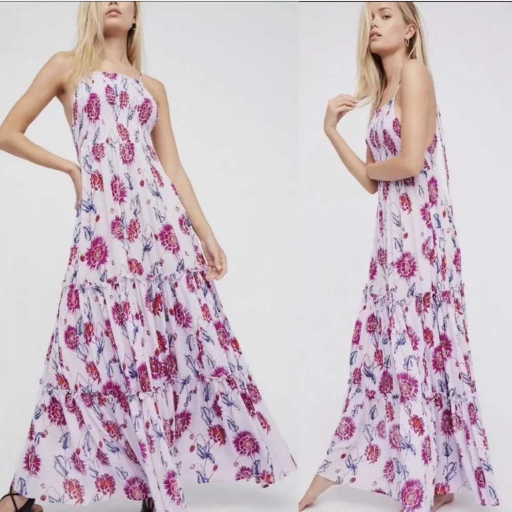 Free People Garden Party Dress Boho Lilac Floral Tiered Maxi - Picture 3 of 12